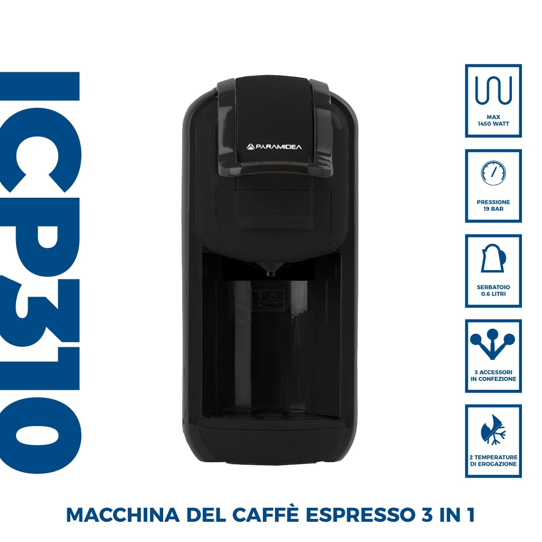 PYRAMIDEA Macchina per Caffè 3 in 1 Nespresso Dolcegusto e Cialde Bevande Fredde da 0,6L Nero ICP310B
