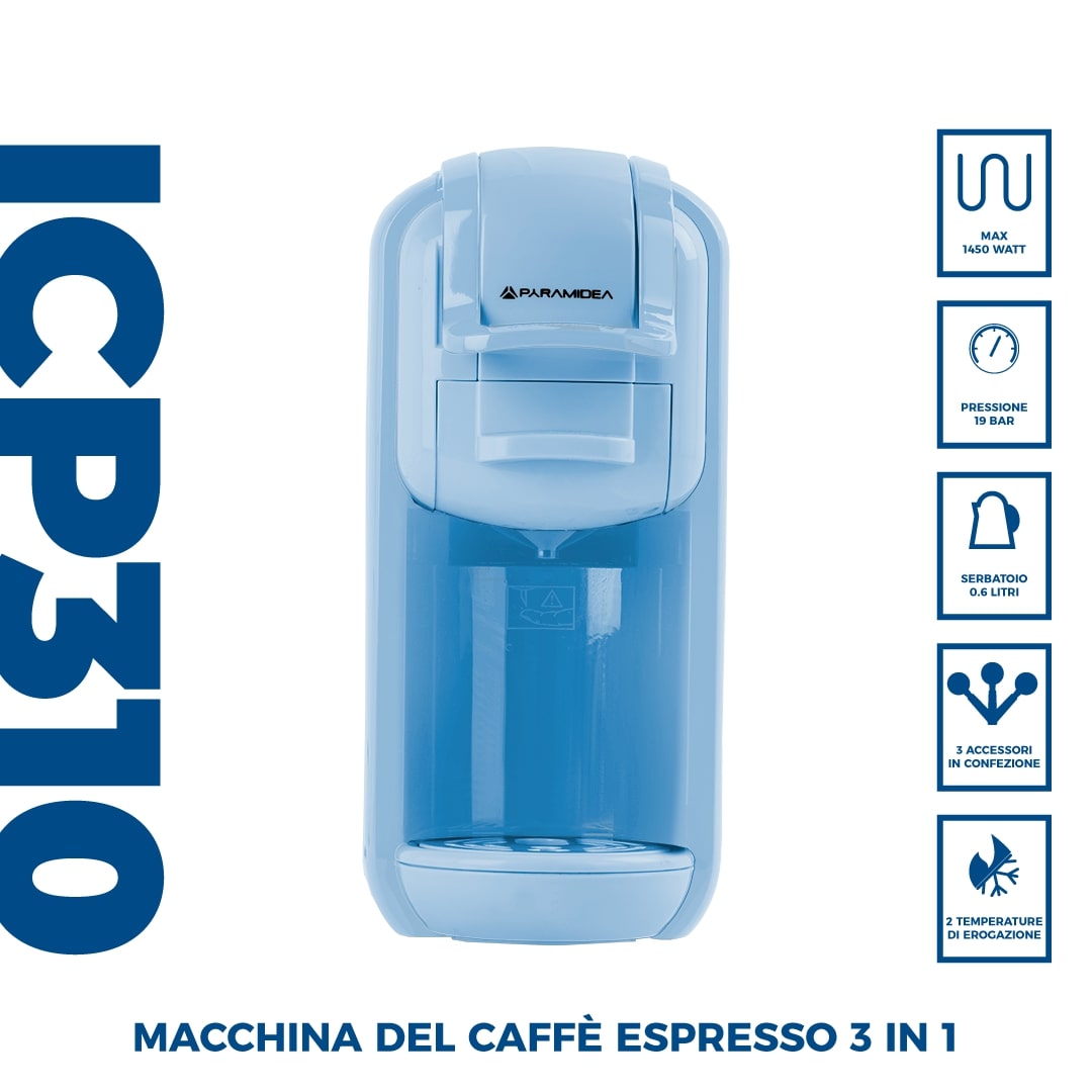 PYRAMIDEA Macchina per Caffè 3 in 1 Compatibili Nespresso Dolcegusto e Cialde Bevande Fredde da 0,6L Azzurro ICP310LB