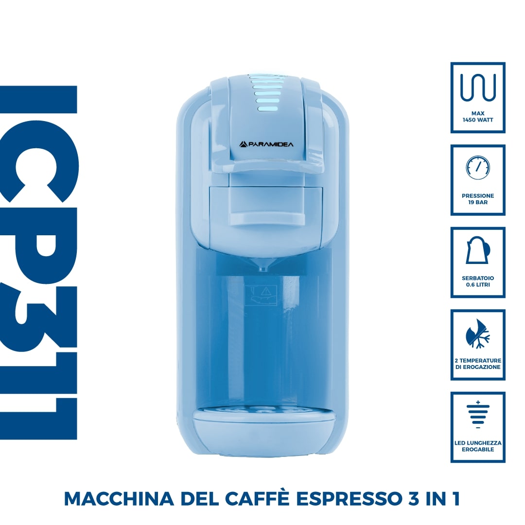 PYRAMIDEA Macchina per Caffè 3 in 1 Nespresso Dolcegusto e Cialde Bevande Fredde da 0,6L Azzurro ICP311LBPLUS