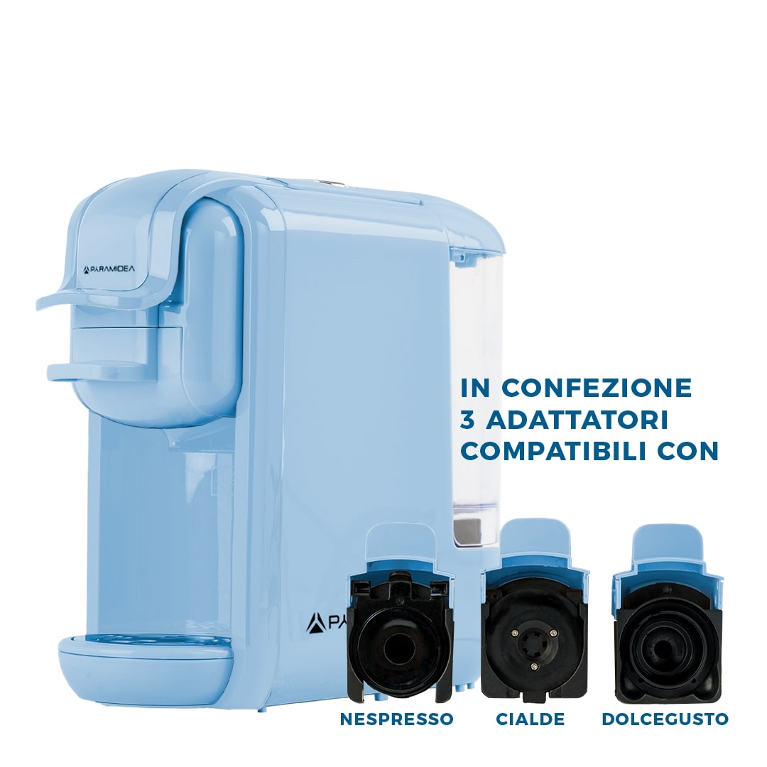 PYRAMIDEA Macchina per Caffè 3 in 1 Compatibili Nespresso Dolcegusto e Cialde Bevande Fredde da 0,6L Azzurro ICP310LB