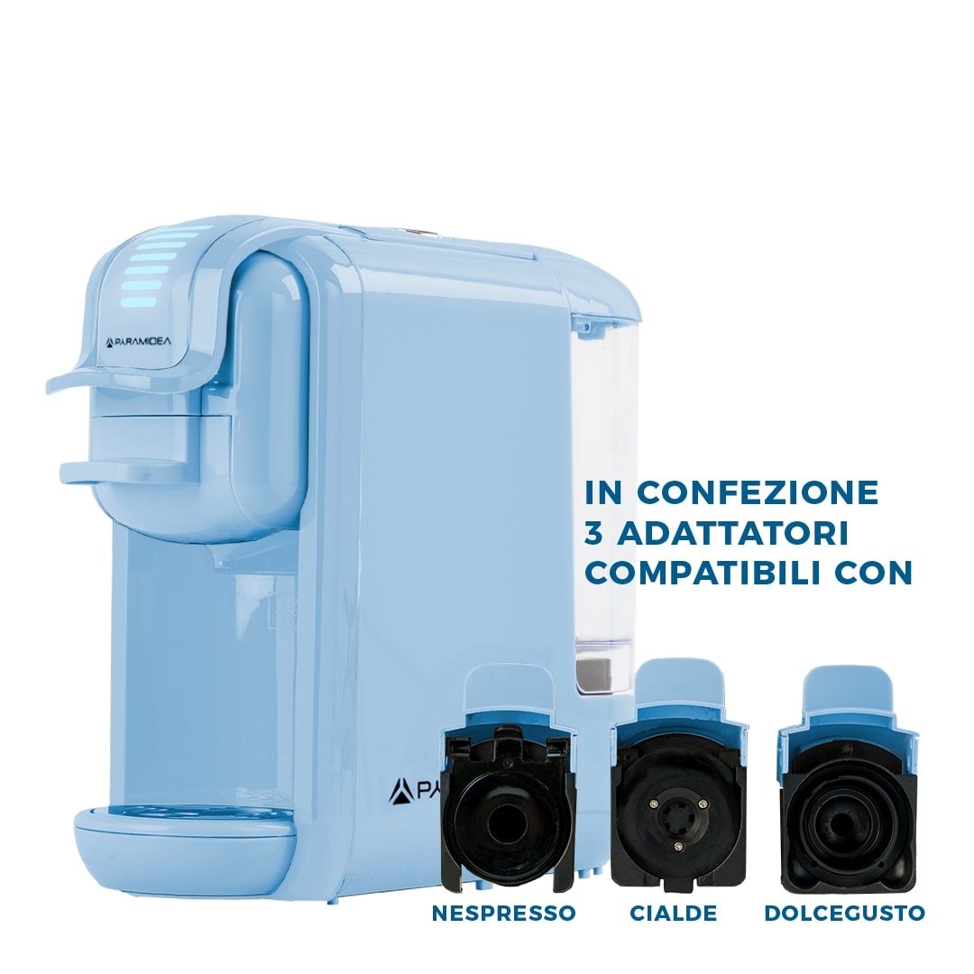 PYRAMIDEA Macchina per Caffè 3 in 1 Nespresso Dolcegusto e Cialde Bevande Fredde da 0,6L Azzurro ICP311LBPLUS