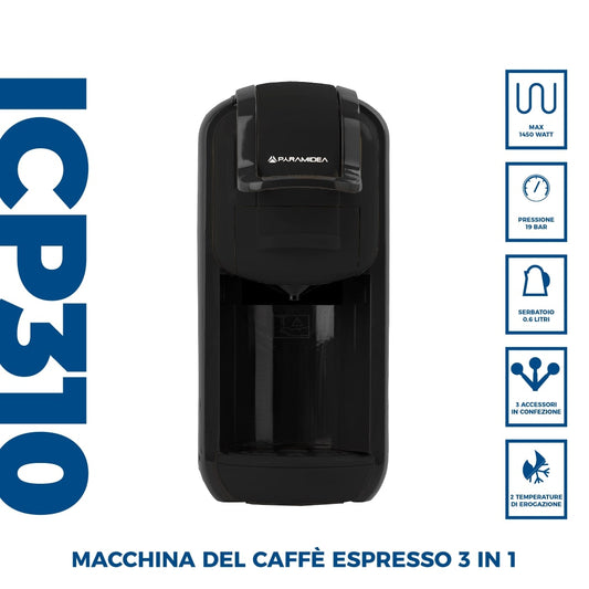 PYRAMIDEA Macchina per Caffè  3 in 1 Nespresso Dolcegusto e Cialde Bevande Fredde da 0,6L Nero ICP310B