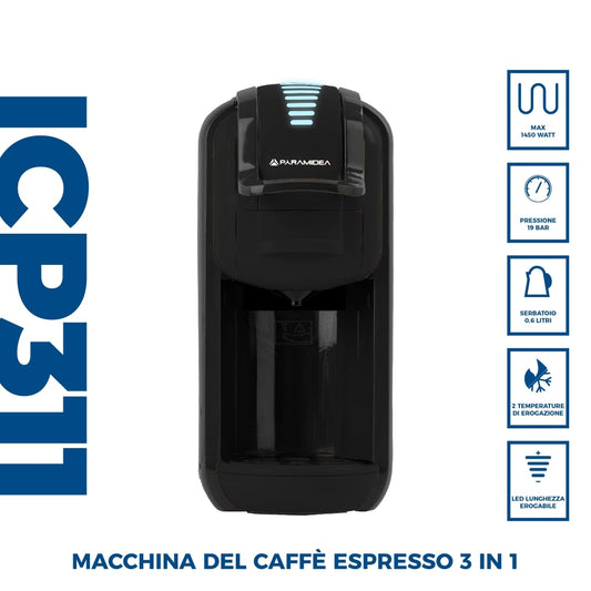 PYRAMIDEA Macchina per Caffè  3 in 1 Nespresso Dolcegusto e Cialde Bevande Fredde da 0,6L Nero ICP311BPLUS