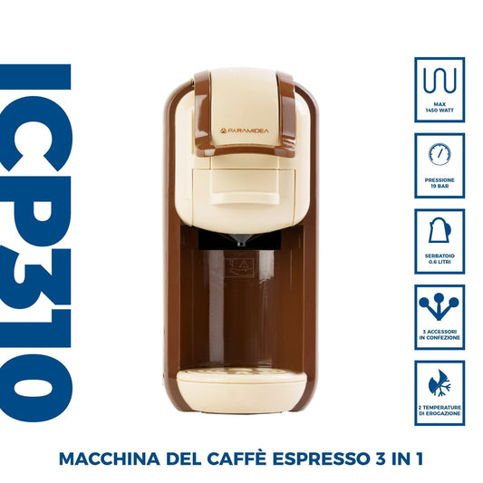 PYRAMIDEA Macchina per Caffè  3 in 1 Nespresso Dolcegusto e Cialde Bevande Fredde da 0,6L Caffè Latte ICP310CM