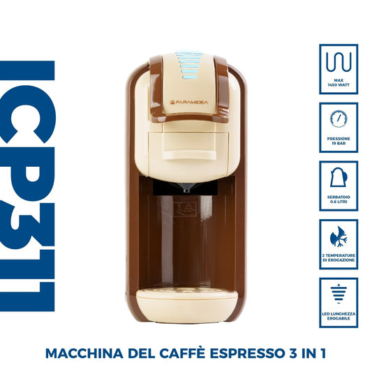 PYRAMIDEA Macchina per Caffè  3 in 1 Nespresso Dolcegusto e Cialde Bevande Fredde da 0,6L Caffè Latte ICP311CMPLUS