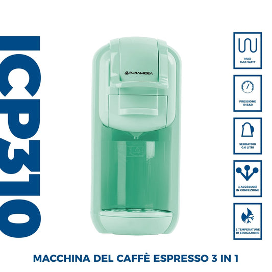 PYRAMIDEA Macchina per Caffè  3 in 1 Nespresso Dolcegusto e Cialde Bevande Fredde da 0,6L Verde ICP310G