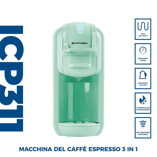 PYRAMIDEA Macchina per Caffè  3 in 1 Nespresso Dolcegusto e Cialde Bevande Fredde da 0,6L Verde ICP311GPLUS