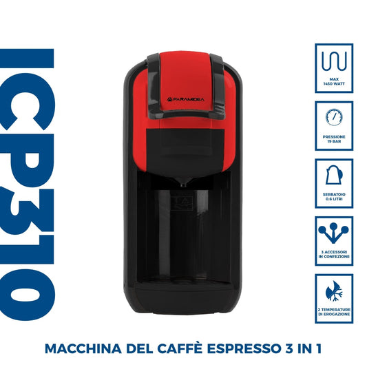 PYRAMIDEA Macchina per Caffè  3 in 1 Nespresso Dolcegusto e Cialde Bevande Fredde da 0,6L Rosso ICP310R