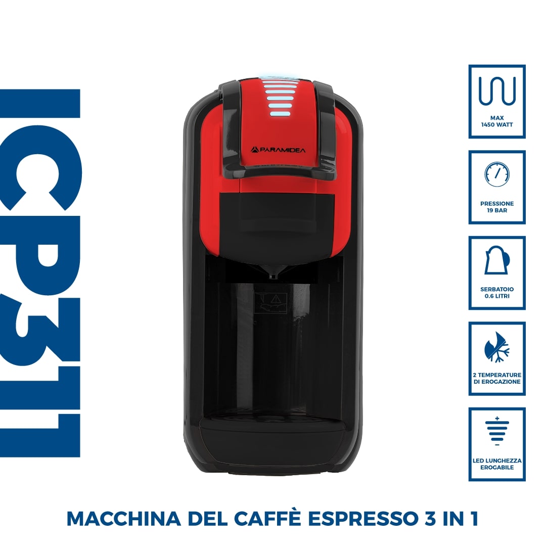 PYRAMIDEA Macchina per Caffè  3 in 1 Nespresso Dolcegusto e Cialde Bevande Fredde da 0,6L Rosso ICP311RPLUS