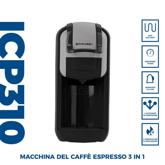 PYRAMIDEA Macchina per Caffè  3 in 1 Nespresso Dolcegusto e Cialde Bevande Fredde da 0,6L Silver ICP310S