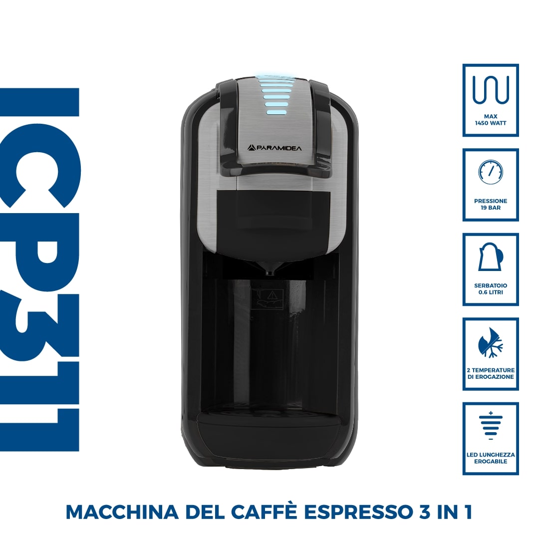 PYRAMIDEA Macchina per Caffè  3 in 1 Nespresso Dolcegusto e Cialde Bevande Fredde da 0,6L Silver ICP311SPLUS