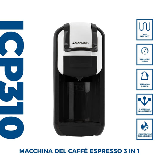 PYRAMIDEA Macchina per Caffè  3 in 1 Nespresso Dolcegusto e Cialde Bevande Fredde da 0,6L Bianco ICP310W