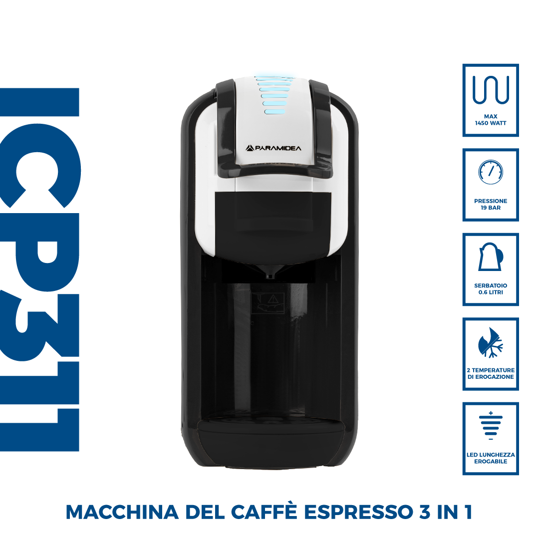 PYRAMIDEA Macchina per Caffè  3 in 1 Nespresso Dolcegusto e Cialde Bevande Fredde da 0,6L Bianco ICP311WPLUS