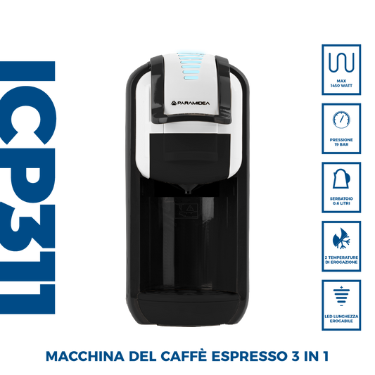 PYRAMIDEA Macchina per Caffè  3 in 1 Nespresso Dolcegusto e Cialde Bevande Fredde da 0,6L Bianco ICP311WPLUS